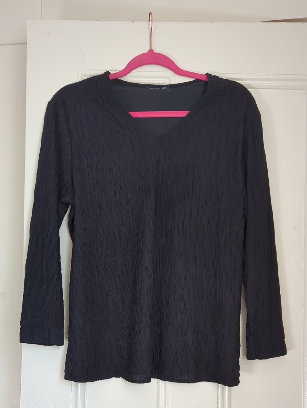 Pleated Crinkle Textured Blouse Top V Neck Black